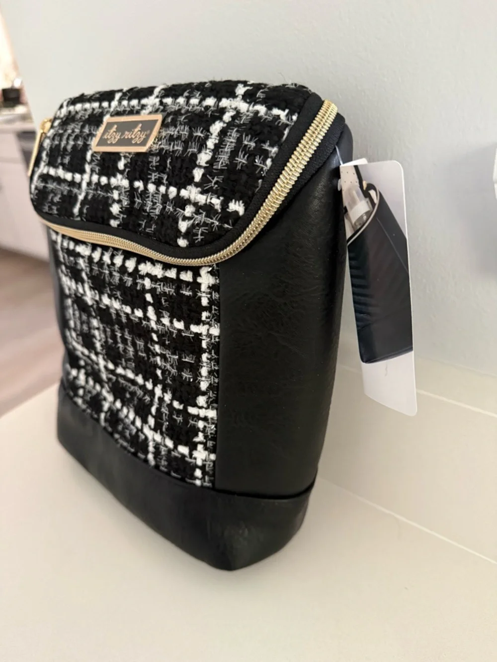 Itzy Ritzy Black & White Tweed Men’s Backpack with Gold Accents